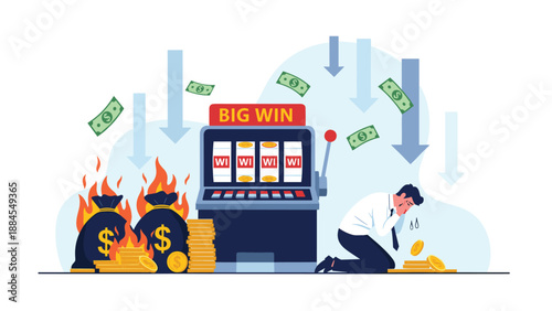 Devastated businessman kneeling in front of a slot machine with burning money bags representing the consequences of gambling addiction.