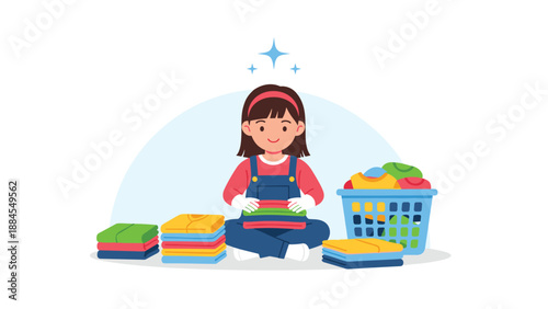 Hardworking young girl sitting on the floor and neatly folding stacks of colorful laundry after doing household cleaning chores.