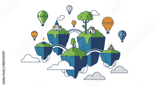 Fantasy islands with hot air balloons and clouds on a white background