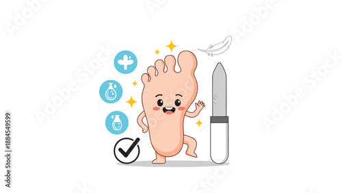 Cute cartoon foot character standing next to a giant nail file with icons for foot care, health, and hygiene in a playful style.