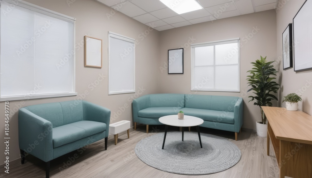 Fototapeta premium Modern office waiting room or clinic lobby with teal sofa