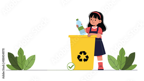 Responsible little girl putting a plastic water bottle into a yellow recycling bin with the universal recycle symbol to save nature.