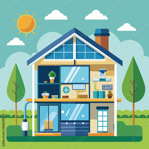 a colorful cartoon illustration depicts a two story house with cutaway views showcasing interior rooms and a bright sunny sky