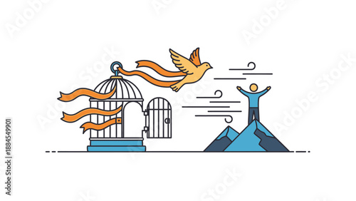 Symbolic illustration of freedom open cage and soaring bird on white