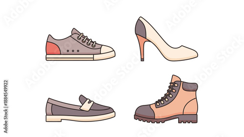 Variety of stylish footwear sneakers heels loafers and boots isolated on white