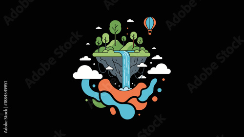 Floating island with waterfall and hot air balloon against black background