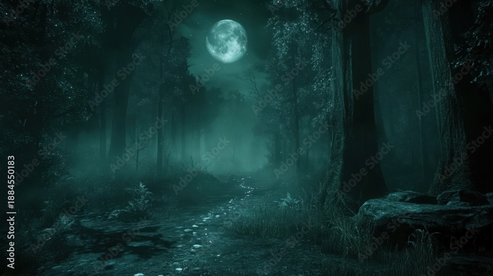 Fototapeta premium A mysterious path winds through a dark forest under the glowing moonlight