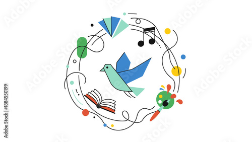Abstract illustration of a bird book and musical note on a white background