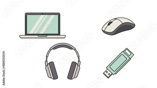 Modern electronics collection laptop mouse headphones and usb drive isolated