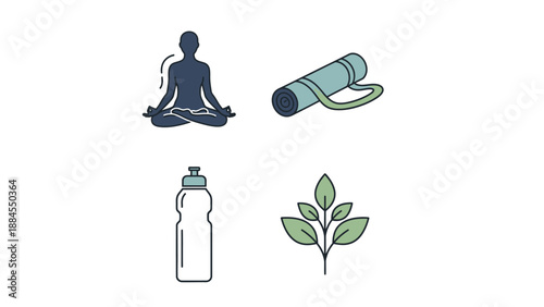Yoga and wellness icons meditating figure yoga mat water bottle and leaves
