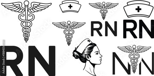 Caduceus RN nursing symbols and medical icons with nurse cap and profile vector illustration