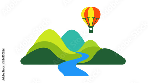Colorful illustration of a hot air balloon over stylized mountains and river