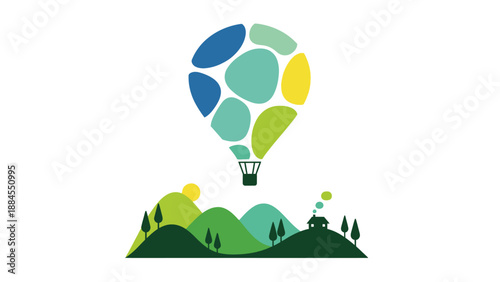 Colorful hot air balloon over green hills vector illustration