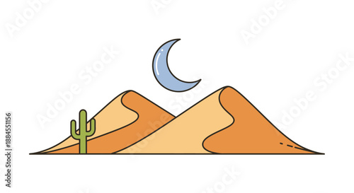 Desert landscape illustration sand dunes cactus crescent moon and sky