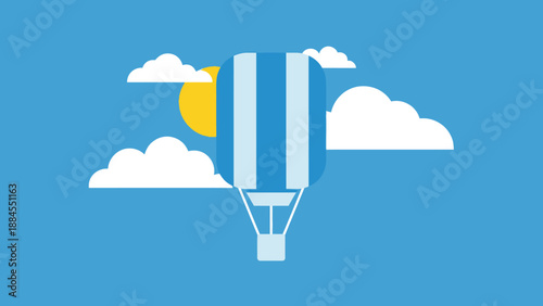 Illustrated hot air balloon floating among clouds and sun in blue sky