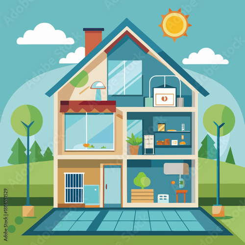 a colorful illustration depicts a two story house with cutaway sections showing interior rooms and a bright sunny outdoor landscape