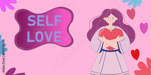 Young Woman Hugging Red Heart with Self Love Text Animation