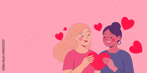 Happy Lesbian Couple Holding Red Heart Symbol of Love and Togetherness