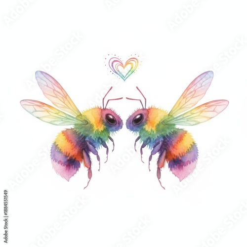Two watercolor bees painted in rainbow colors facing each other with a heart above on white background