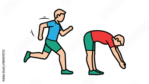 Illustration of a person running and another person bending over for a stretch, representing fitness and exercise