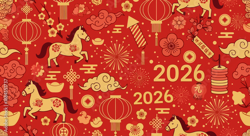 Traditional Chinese New Year 2026 Seamless Pattern: Festive Year of the Horse Background with Red Lanterns and Gold Ornaments
