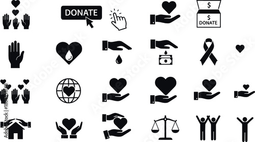 Charity and donation icon set with helping hands, heart symbols, fundraising elements, humanitarian support concepts, and social care vector illustrations