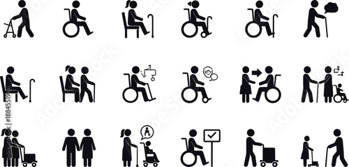 Senior citizen and wheelchair people icon set showing elderly activities, caregiving assistance, mobility support, healthcare symbols, and inclusive human vector pictograms