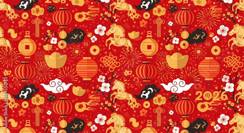 Traditional Chinese New Year 2026 Seamless Pattern: Festive Year of the Horse Background with Red Lanterns and Gold Ornaments