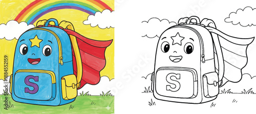 Cute Superhero Backpack Character Illustration and Coloring Page for Kids - Fun Back to School Educational Vector Art with Rainbow, Cape, and Star for Preschool Activities (174 characters)