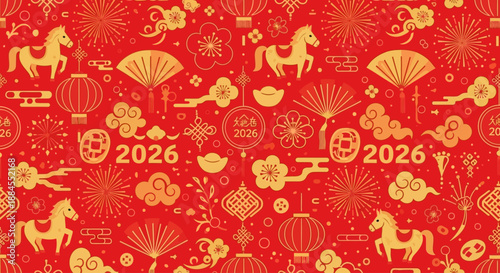 Traditional Chinese New Year 2026 Seamless Pattern: Festive Year of the Horse Background with Red Lanterns and Gold Ornaments