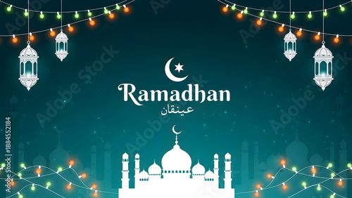 Festive ramadhan kareem background with mosque silhouette and decorative lanterns for islamic celebration