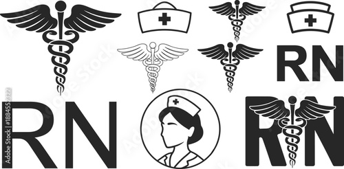 Medical Caduceus RN Nurse Symbols And Icons Collection In Black And White Keywords: medical, caduceus, rn, nurse, symbol, icon