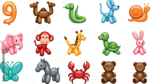 Cute balloon animal and number icon set with colorful inflatable characters for kids design, birthday decoration, party graphics, and playful vector illustrations