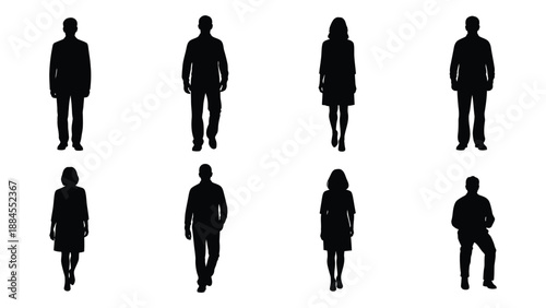 Silhouettes of people in various poses isolated on white background, Vector