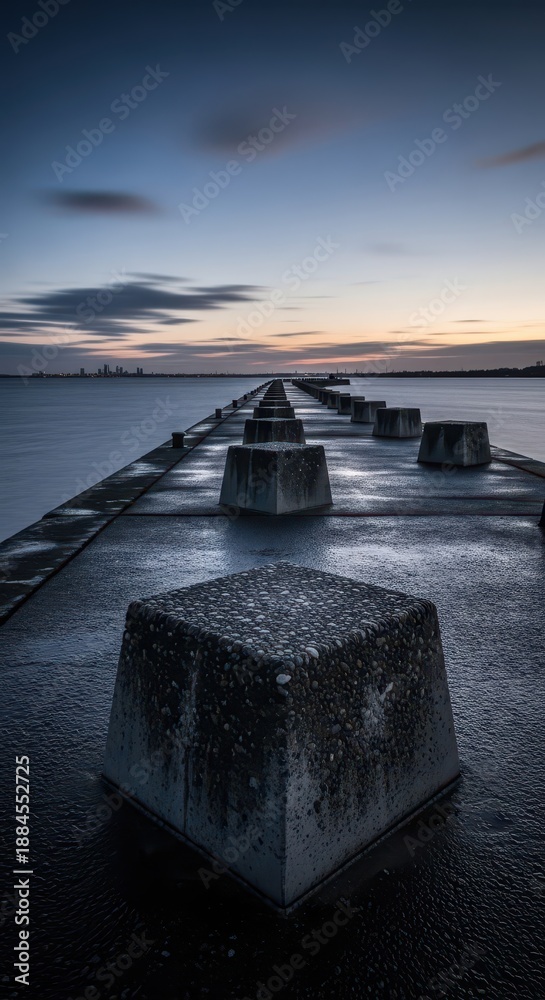 Fototapeta premium Concrete barrier line extends into dark water toward distant city skyline at twilight