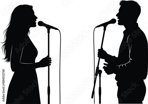 Silhouette of male and female singers performing a vocal duet on stage with microphones, musical entertainment, concert performance, live music event, and artistic vector illustration.