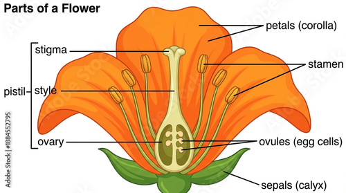 Diagram illustrating the parts of a flower with labels anatomy botany