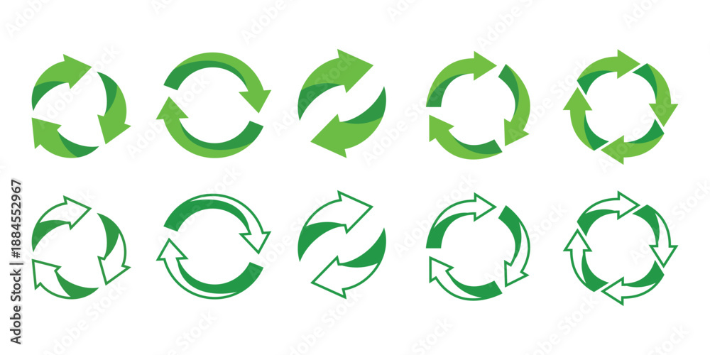 Obraz premium Collection of various styled green recycling symbols, illustrating sustainable practices and environmental protection efforts