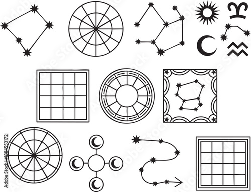 Collection of astrological symbols and geometric patterns with stars and zodiac signs in black and white