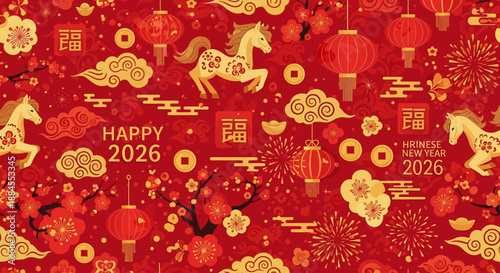 Traditional Chinese New Year 2026 Seamless Pattern: Festive Year of the Horse Background with Red Lanterns and Gold Ornaments