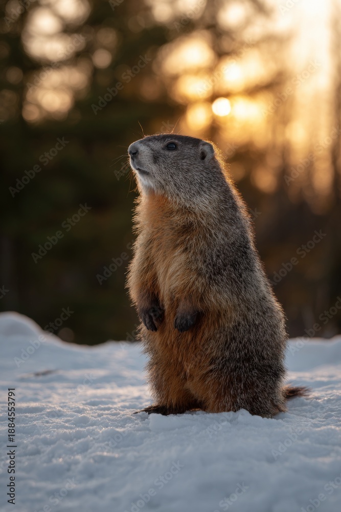 Obraz premium Groundhog stands in snow at sunset in forest setting