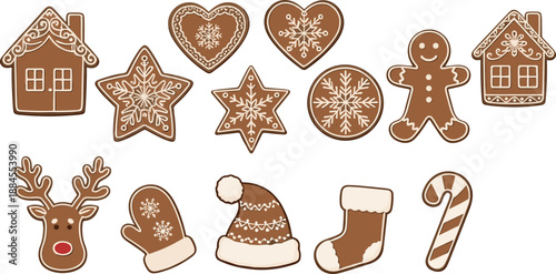 Vector illustration set featuring festive Christmas gingerbread cookies including reindeer houses stars hearts and winter holiday themed treats