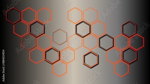 Abstract honeycomb background with orange and black hexagons on metallic gray gradient, industrial tech vector design