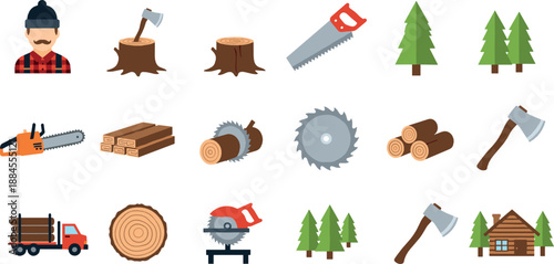 Lumberjack and forestry illustration set with woodcutting tools logs trees sawmill equipment and timber processing elements for industry design and flat vector graphics