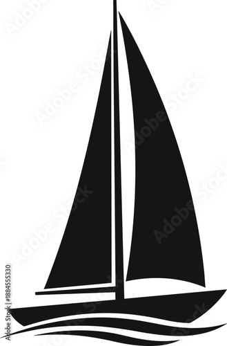 Silhouette of a sailboat sailing on ocean waves, nautical marine vessel icon, summer vacation travel, luxury yacht transport, and maritime vector illustration.