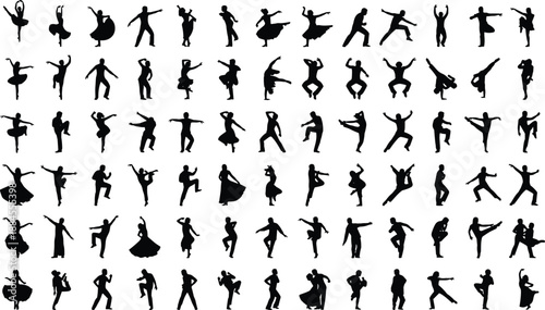 Dance silhouettes collection of male and female dancers performing dynamic poses, ballet and modern choreography illustration isolated on white background