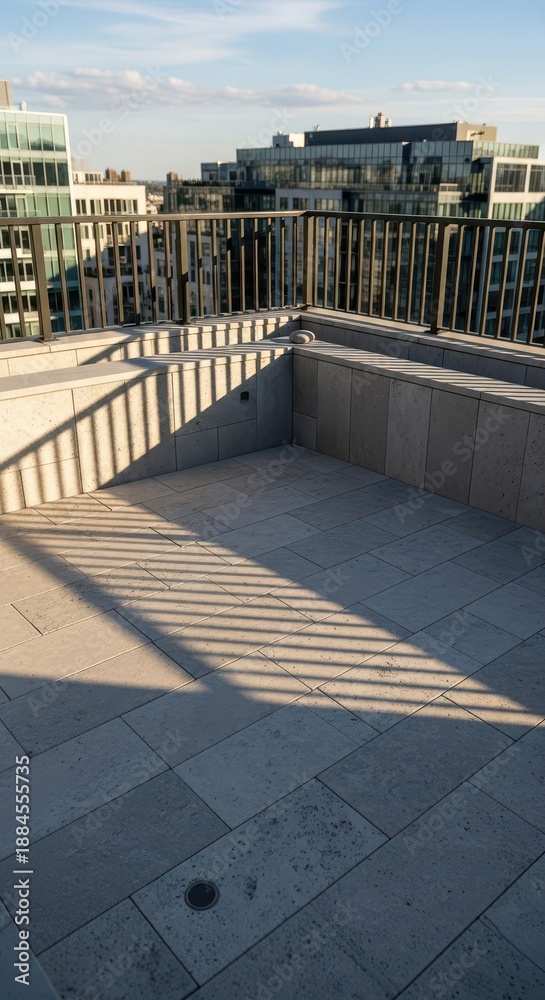 Naklejka premium Modern rooftop terrace floor receives strong shadow patterns from a surrounding metal railing structure