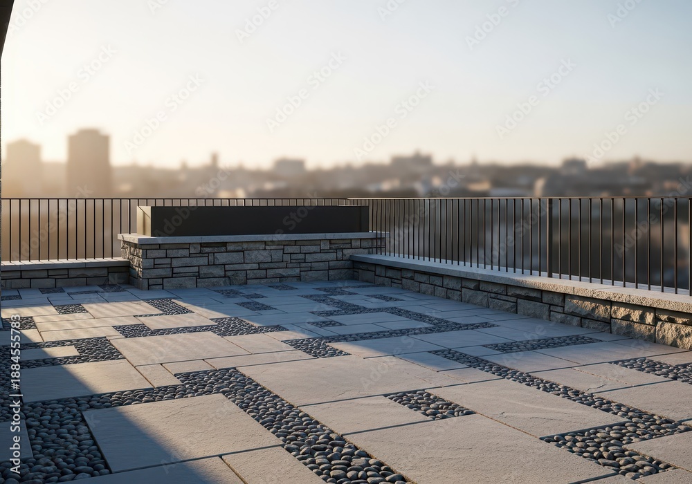 Fototapeta premium Modern rooftop terrace features intricate stone paving and city views during sunrise or sunset