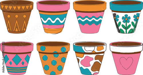 Colorful flower pot collection featuring various hand painted ceramic designs with polka dots stripes waves flowers and hearts for garden and vector.