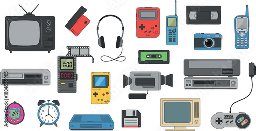 Retro technology and vintage electronics illustration set with cassette game console television camera and audio devices for nostalgia design and flat vector graphics
